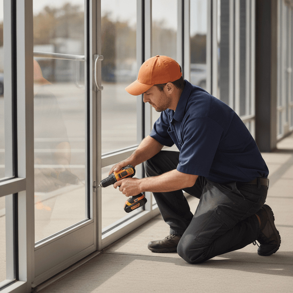 Built Solid commercial handyman technician repairing a glass storefront door