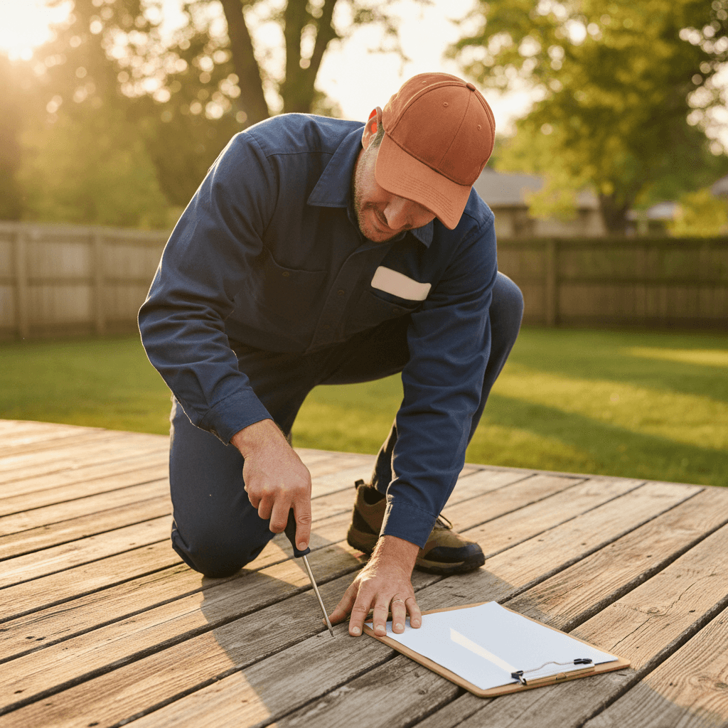 Built Solid technician probing a deck board before quoting the work