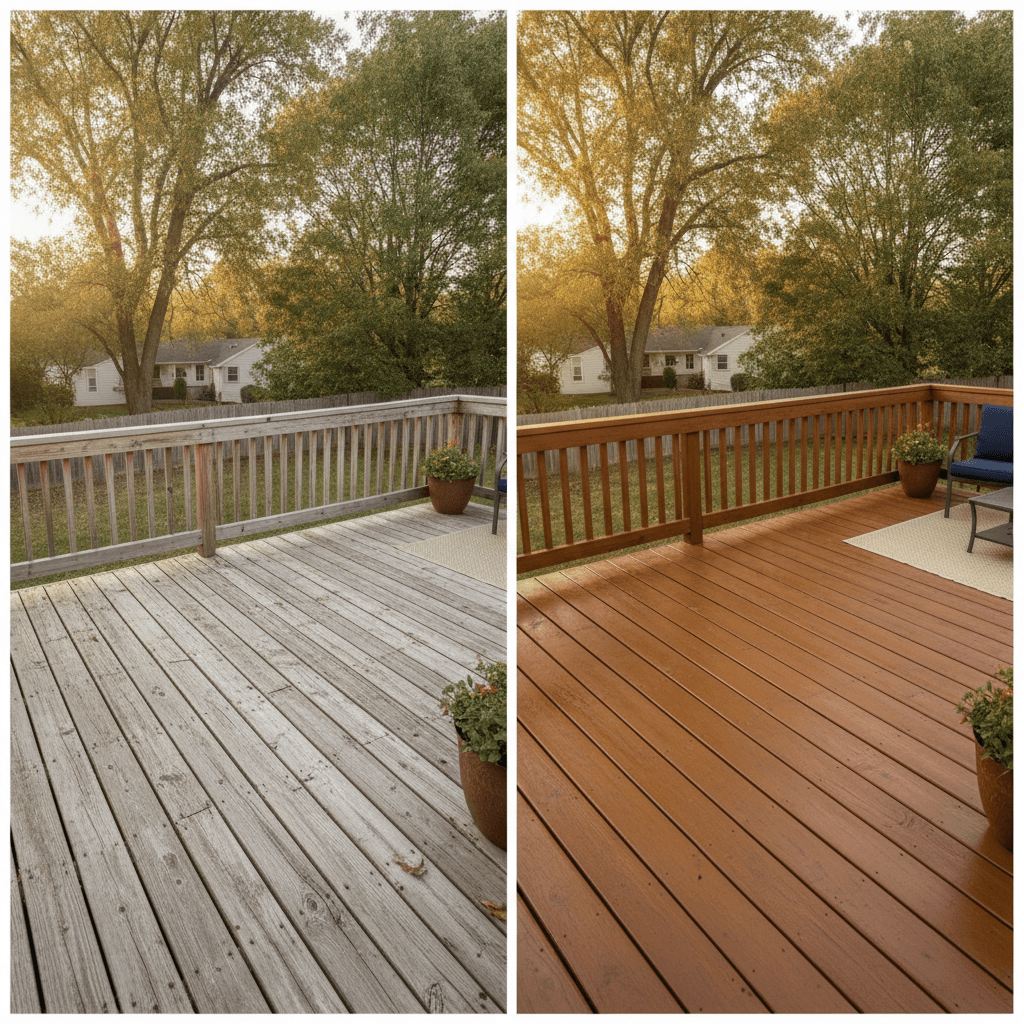 A weathered gray deck on the left, the same deck freshly stained on the right