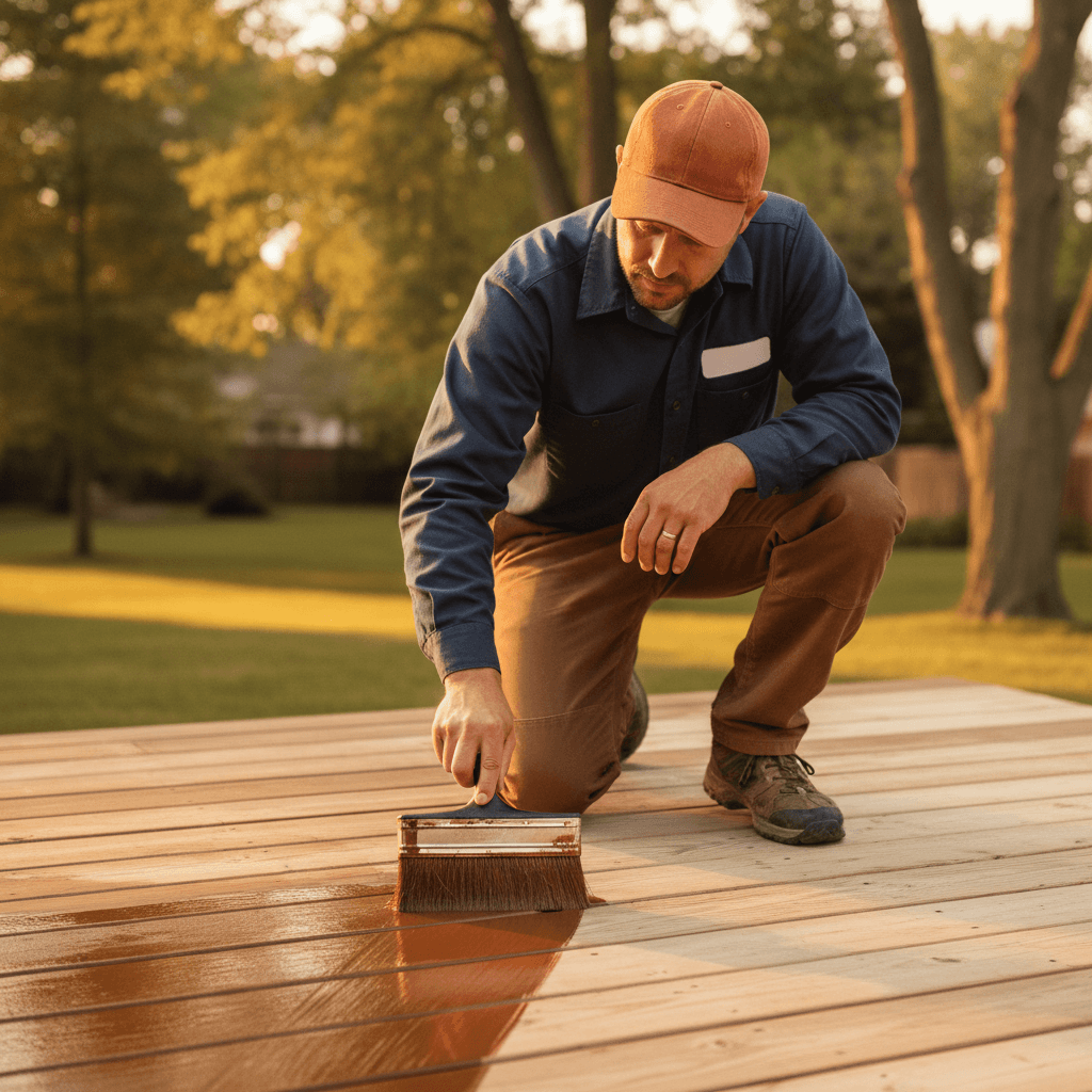 Built Solid crew brushing fresh stain onto a wood deck