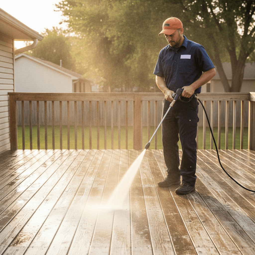 Built Solid deck refinishing — Power-washing down to clean, sound wood before anything else.