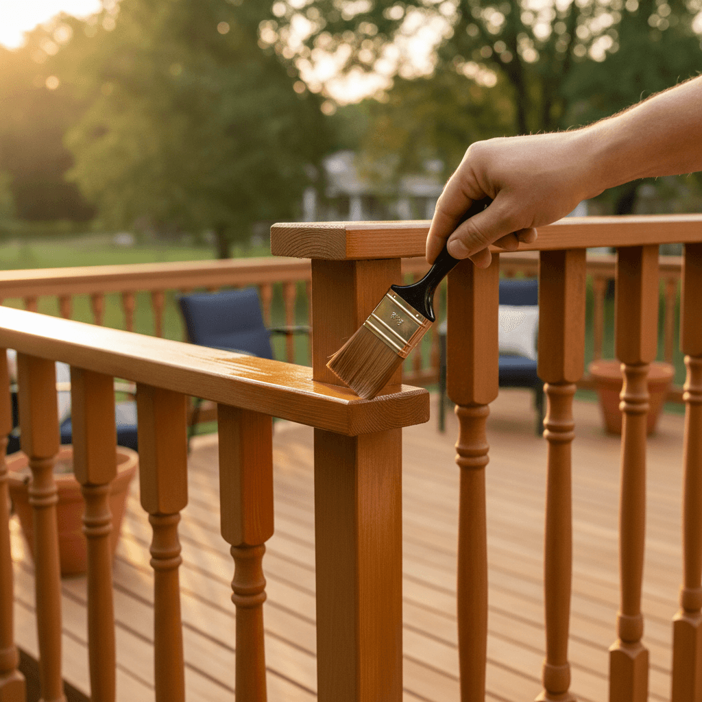 Built Solid deck refinishing — Cutting stain into every baluster and rail by hand.