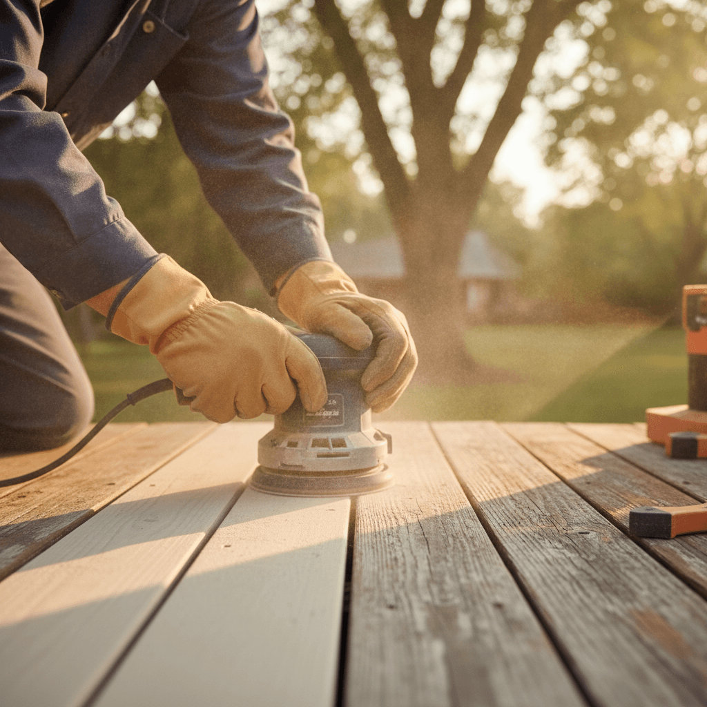 Built Solid deck refinishing — Sanding the raised grain and splinters smooth — the step DIY jobs skip.