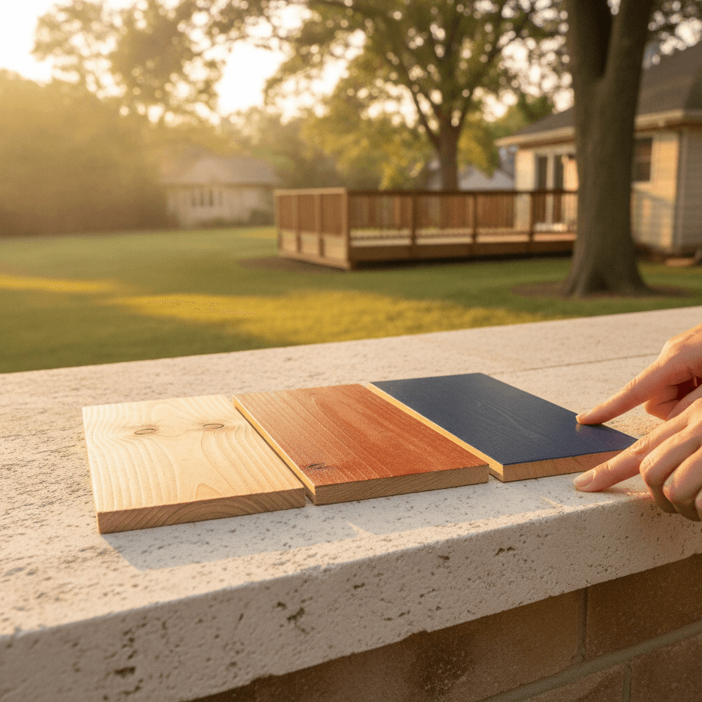 Three deck-board stain samples side by side — transparent, semi-transparent, and solid