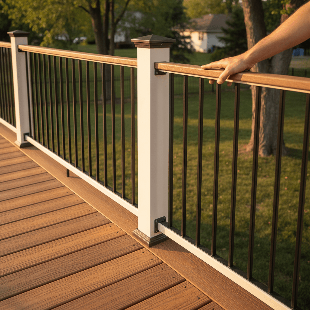 Built Solid deck build — Composite decking with hidden fasteners and matching railing.