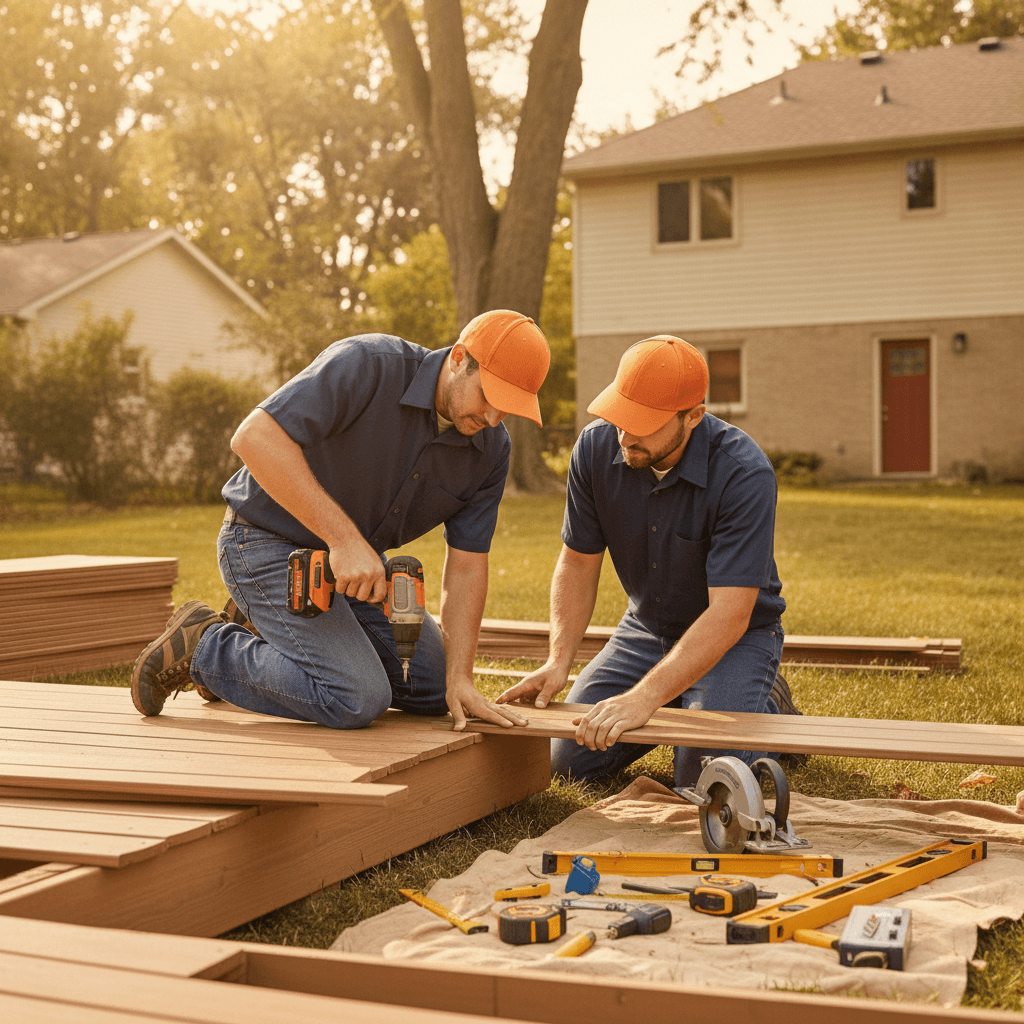 Built Solid deck build — Our crew fastening composite boards on a clean job site.