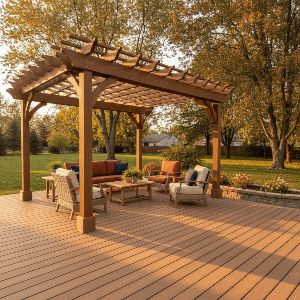 Built Solid deck build — Composite deck with an attached pergola over the seating area.