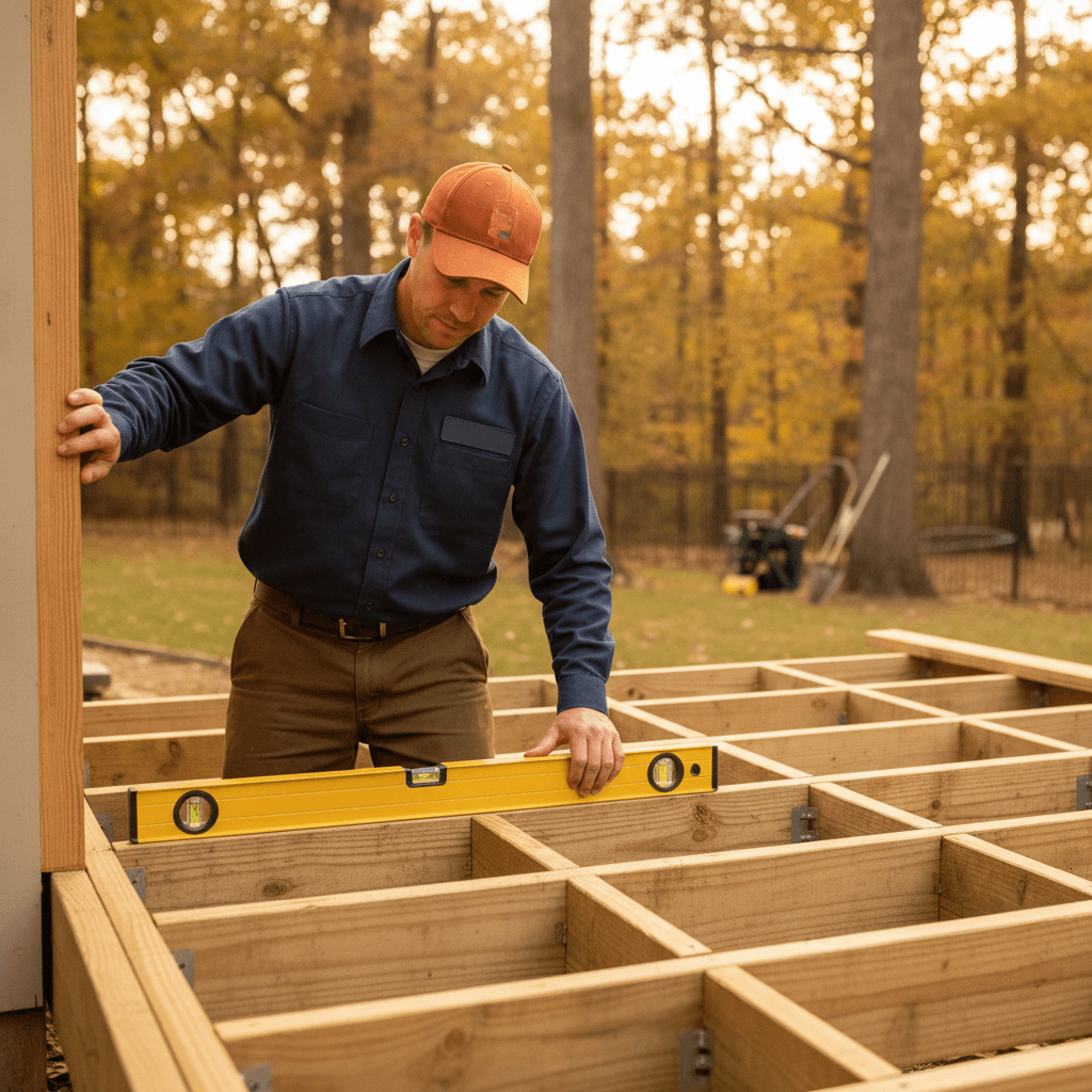 Deck framing and joists on frost-depth footings during a Built Solid build