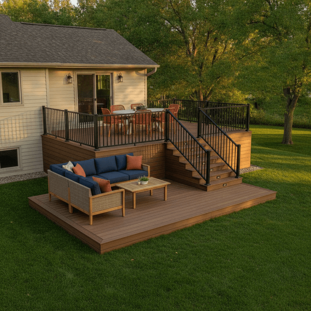 Built Solid deck build — Multi-level composite deck with connected tiers.