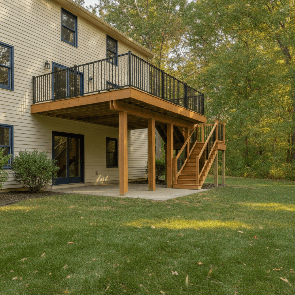 Built Solid deck build — Elevated second-story build with stairs to grade.