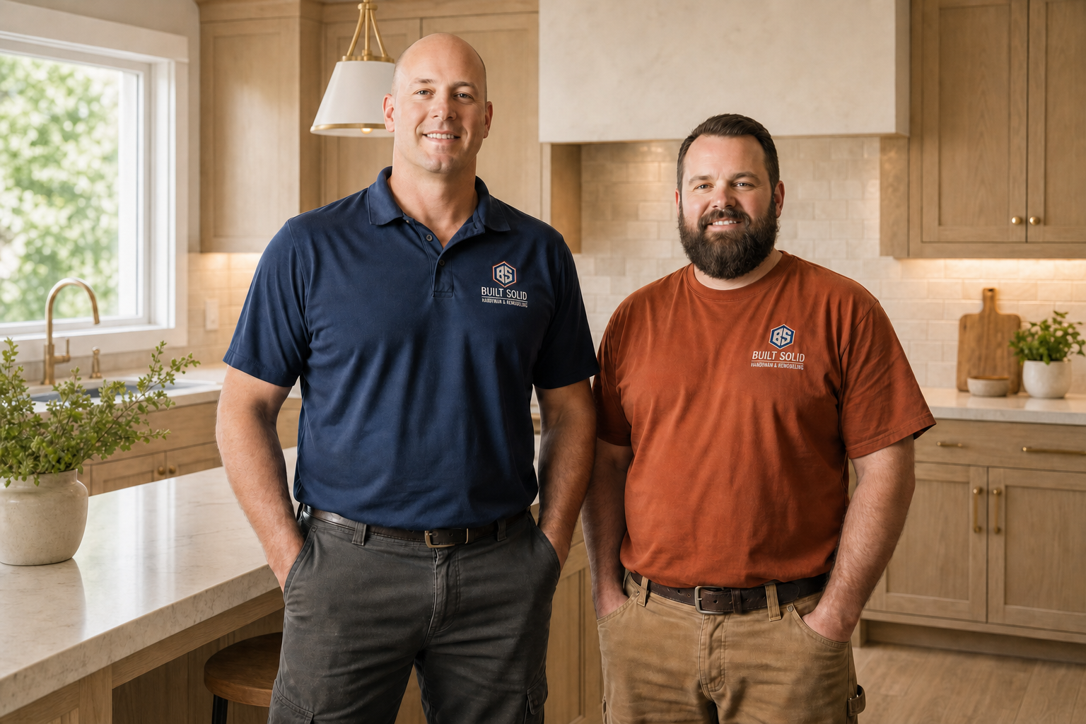 Tim and Josh of Built Solid Home Services in a newly remodeled kitchen