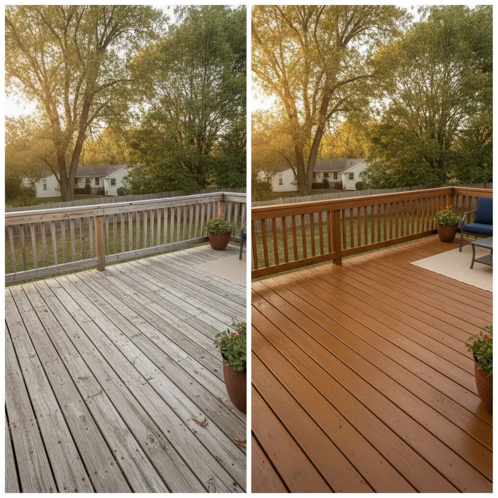 Weathered gray deck beside a freshly stained deck