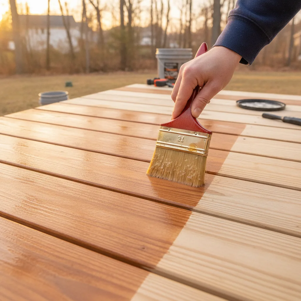 Brushing stain into deck boards during the Northern Illinois staining season